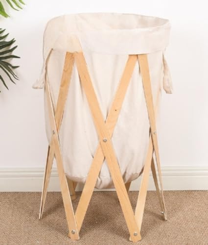 Farigrut ランドリーハンパー、折りたたみ式ランドリーハンパー素朴な洗濯用ランドリーバスケット、木製フレーム収納バッグ、ハンドル付き (ベージュ)