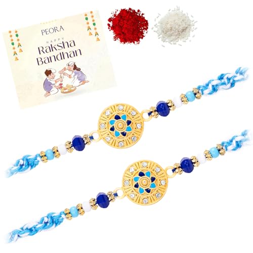 Image of Peora Rakhshabandhan Thread Rakhi for Brother Bhaiya | Kundan Beads & Crystal Studded | Combo Set of 2 | Rakhi Hamper Roli Chawal & Greeting Card