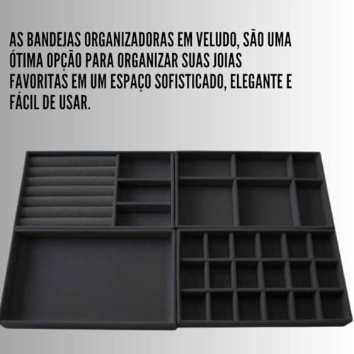 Kit 4 Porta Joias e Bijuterias em Veludo para Organizacao com Divisorias Super Pratico Cor:Preto