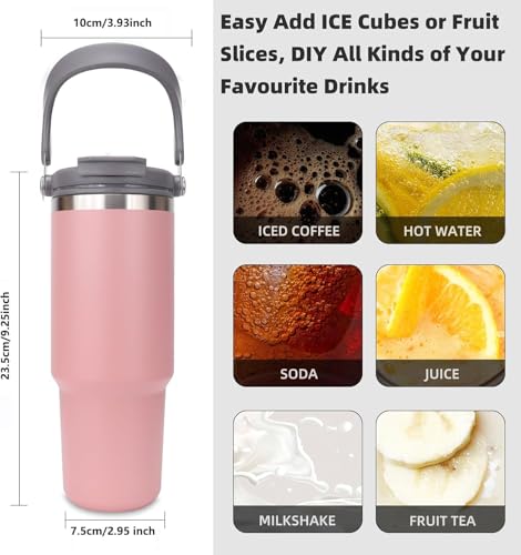 Image of 900ml Tumbler with Handle and Straw Stainless Steel Double Wall Insulated Tumblers Cup, Coffee Mug Travel Icold up 17h - Hot 12h Tumbler for Car Office Gym Travel (Pink)