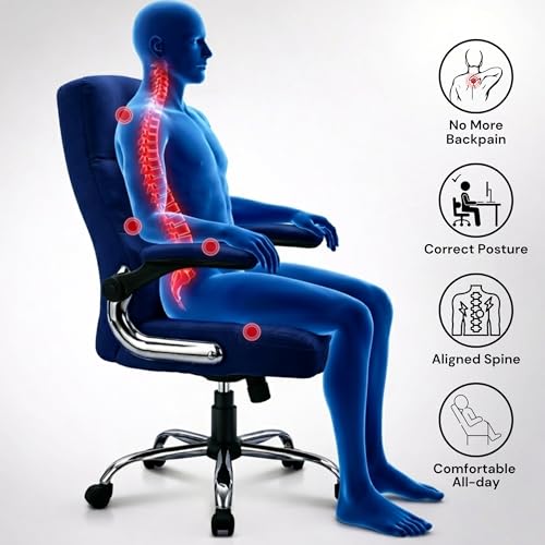 Image of LAKDI Furniture Co Premium Velvet Fabric High Back Office Chair with Adjustable Tilt, Flip-Up Arms, Ergonomic Design, Thick Soft Padding | Executive Boss Chair, Blue | 5 Years Warranty & Free Assembly