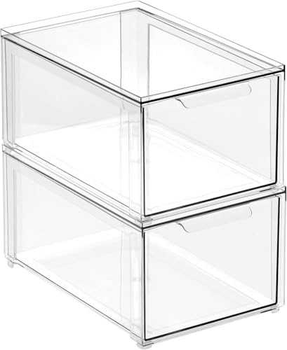 mDesign Organizer cucina con cassetto interno estraibile – Contenitore plastica per dispensa – Portaoggetti cucina utile per conservare pasta, snacks e altri alimenti – Set da 2 – trasparente