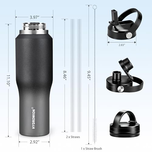 Image of HYDROWION Water Bottle Insulated (Cold 48 hrs, Hot 24 hrs) 40 oz Stainless Steel Water Tumbler with Leak Proof Straw Lid, Spout Lid and Flex Cap,Double Wall Travel Tumbler Cup, Black&Grey