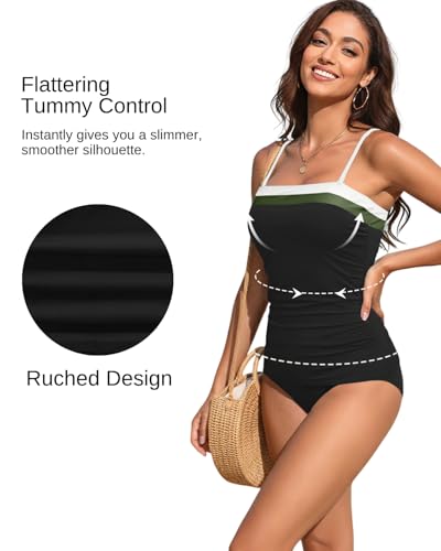 Image of Daci Bandeau Tankini Swimsuits for Women - Two Piece Ruched Tummy Control Bathing Suit Strapless Swimwear with Bottom