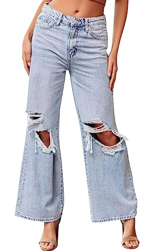 CHARTOU Women Casual Ripped Jeans Distressed Wide Leg Flared Jeans with Holes Destroyed Denim Pants