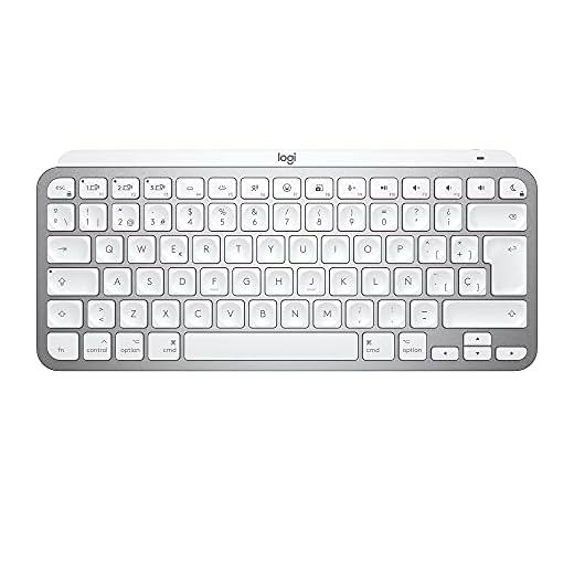 Logitech MX Keys Mini for Mac - Teclado inalámbrico minimalista, Compacto, Bluetooth, Teclas retroiluminadas, USB-C, Compatible con MacBook Pro, Macbook Air, iMac, iPad, QWERTY Español - Gris claro
