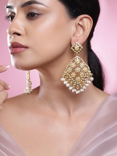 Image of Rubans Chandbali Earrings Kundan Pearl Beads Traditional Wedding Jewellery for Women & Girls