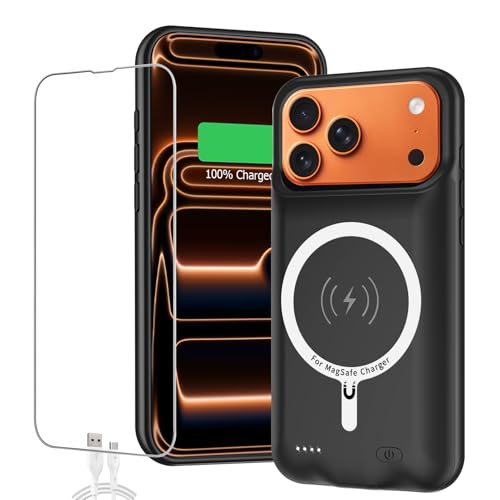 Battery Case for iPhone 17 Pro Full Encircle 10000mAh High Capacity Rechargeable Portable Charger Case Extended Battery Pack for iPhone 17 Pro(6.3 inch) Wireless Charging Cover with Carplay-Black