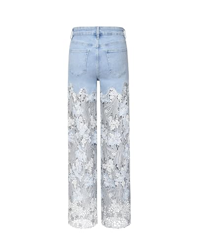 Image of JW PEI Women's Embroidery High Rise Wide Leg Lace Denim Jeans with Rhinestone