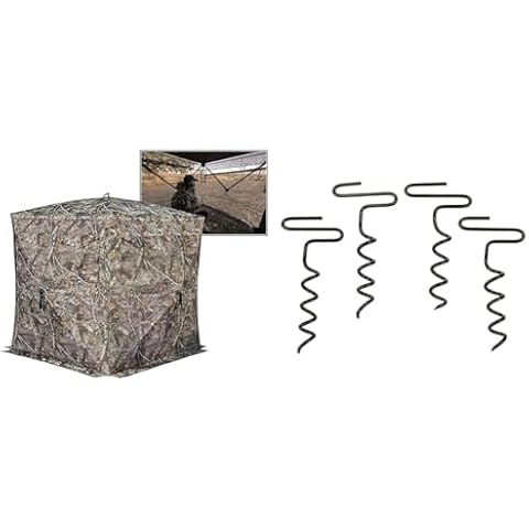 Rhino Blinds 180 Realtree Edge & RHINO OUTDOORS Auger Stakes, Heavy Duty Tent Stakes for Blinds and Tarps, 4-Pack,Silver Cover