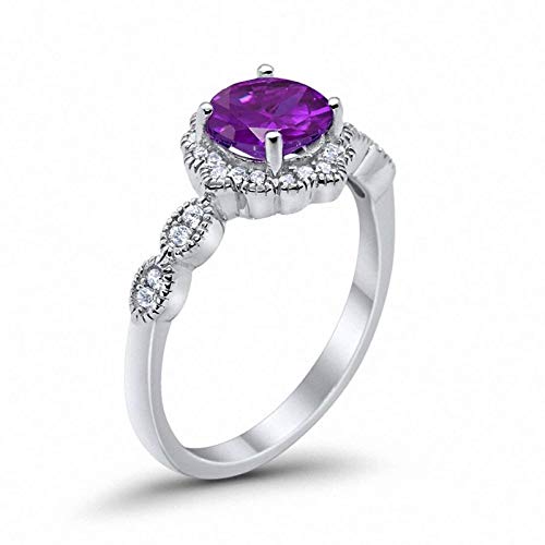 Luxo Jewelry 925 Sterling Silver Halo Floral Art Deco Wedding Engagement Ring Round Simulated Amethyst Cubic Zirconia Size-4