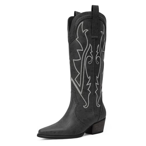 iiimmu Cowboy Boots for Women Mid Calf Embroidered Western Cowgirl Boots Pointed Toe Faux Leather Chunky Heel