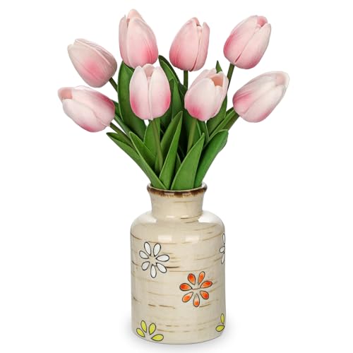 Nature Crafted 10.6IN Artificial Tulips in Ceramic Vase, Real Touch Flowers Faux Pink Tulips Arrangement for Home Office Wedding Anniversary Party Table Centerpiece Spring Easter Decor