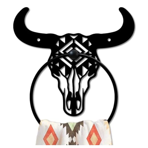 MAYJOYDIY Bull Skull Metal Towel Ring Western Cow Skull Towel Holder Country Western Style Wall Decor Towel Hanger Black Art Towel Rack Wall Mounted for Bathroom Kitchen Home Decors Gift