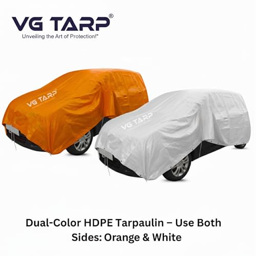 Image of 250 GSM HDPE Tarpaulin 6 X 9 Feet I Heavy-Duty Waterproof Non-Filler Sheet for Car Parking Shed, Tin Shed, Bike Cover, Outdoor Rainproof Tent, Garden, (Orange /White)