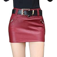 Onsoyours Falda Mujer Corta PU Cuero Cintura Alta Color Sólido Cremallera Plisada Falda Corta Decorativa Sexy Moda Lápiz Mini Faldas C Rojo XL