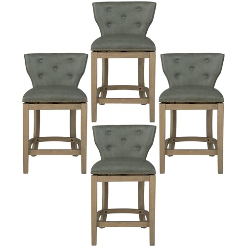 Image of ROME + OAK Carlynd 26 inch Counter Stool, Set of 4 Low Back Swivel Kitchen Barstool in Reclaimed Oak Finish with Grey Stone Vegan Leather Upholstered Seat