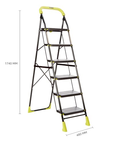 Image of Amazon Basics Dynamo - Foldable Step Ladder, Safety Clutch Lock, Anti Slip Steps, Knee Guard, Anti Skid PVC Shoes, 6 Steps (Steel, Black & Lime Green)