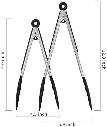 iNeibo Kitchen Tongs - 9'' & 12'' Non-Slip Smart Locking Stainless Steel Cooking Tongs with Silicone Tips for Grilling BBQ Serving Salad Ice (Black)