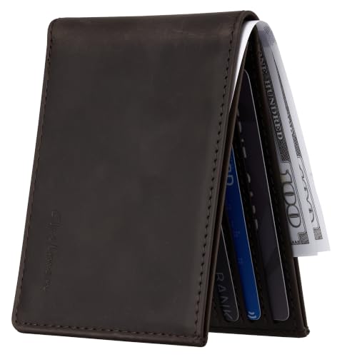 Image of Chelmon Genuine Leather Slim Wallet for Men ID Window with RFID Blocking Front Pocket Bifold Minimalist Mens Bussiness Card Holder Gift for Men, Craze Horse Coffee