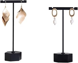 GISELA D 2Pcs Gold Metal Earring T Bar Stand Retail Display Holders for Show, Jewelry Online Stores Photography Display Props (Black Hexagon Base 2pcs Height 4.5" and 5.3")