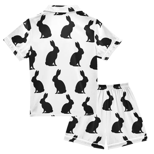 ALAZA Silhouette Of Rabbit Black White Pajamas Satin Pajama Set Short Sleeve Button Down Sleepwear2