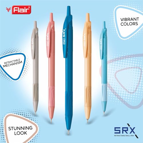 Image of Flair Srx 0.7mm Retractable Ball Pen Blister Pack | Triangular Body Design For Better Grip | Light Weight Refillable | Smooth Writing Experience | Vibrant Solid Body Colours | Blue Ink, Pack of 10 Pen
