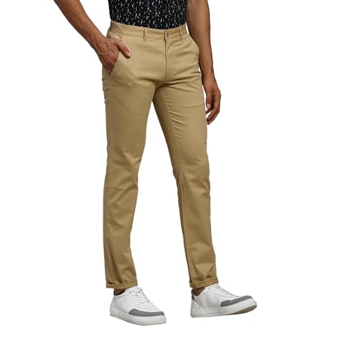 Image of Parx Low Rise Tapered Fit Cotton Blend Solid Pattern Flat Front Casual Trouser