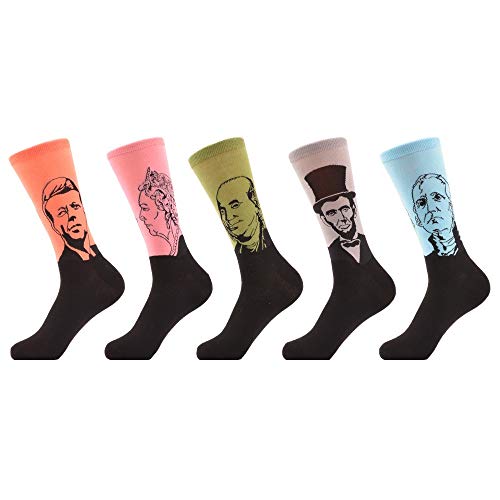Qhome mens 5 pairs / lot Combed Cotton Famous People Pattern Lincoln President Funny Casual Crew Socks Dress, Colorful, Large