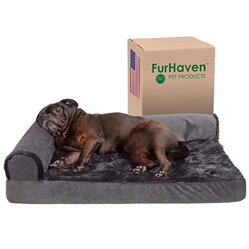 Image of Furhaven Cooling Gel Dog Bed for Medium /Small Dogs w / Removable Bolsters & Washable Cover, For Dogs Up to 35 lbs - Plush & Velvet L Shaped Chaise - Platinum Gray, Medium