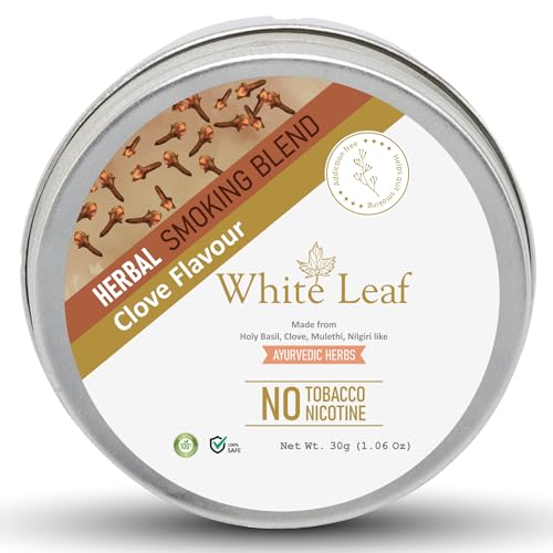 Image of White Leaf Herbal Smoking Blend 100% Tobacco Free & Nicotine Free(30g) Ayurvedic & Organic Herb Mix For Smoking | Herbal Smokes Clove Blend Herbs Mix