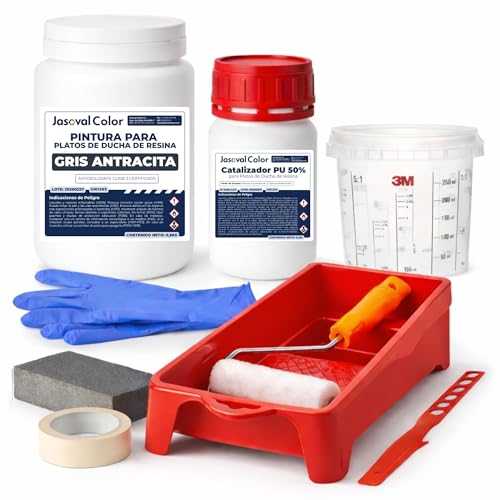 Jasoval Color Pintura para Plato de Ducha de Resina Antideslizante   Kit Completo con Herramientas para Reparar Plato de Ducha sin Obras   (Gris Antracita, 0,75 kg)