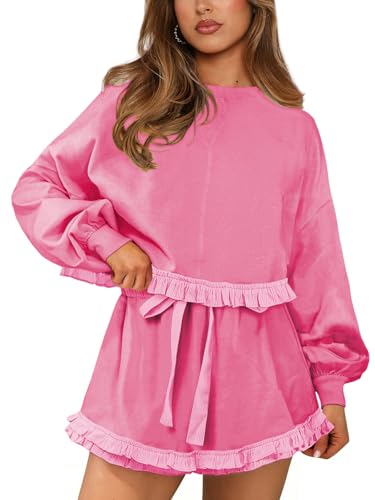 MIYIEONZ Womens 2 Piece Set Crewneck Sweatshirt Ruffle short Sets Fall Fashion cute tennis Matching Lounge Outfits Medium Rose Red