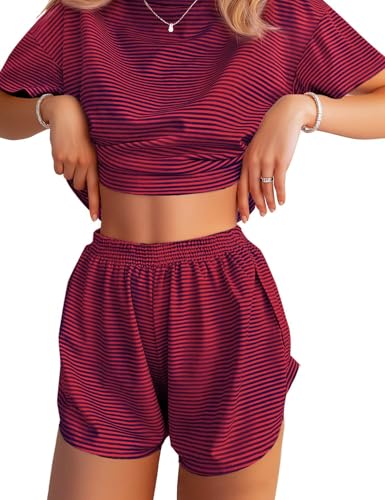 Image of JUSTFASHIONNOW Womens Pajama Sets Shorts Striped Print Two Piece Lounge Sets Crew Neck Sleepwear Split Shorts Set Soft Pjs