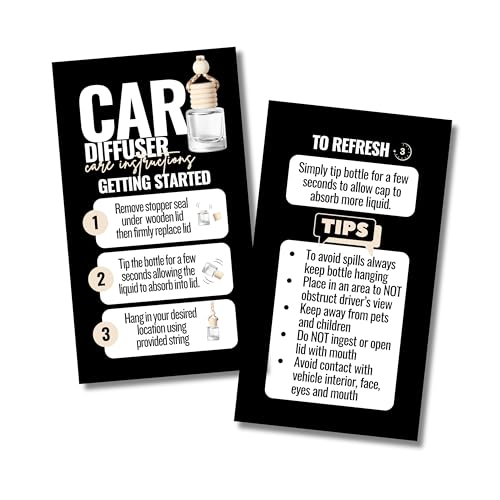 Car Diffuser Instruction Cards | Physical Printed 2" x 3.5" inches Business Card Size | Car Diffuser Supplies | White with Black Design (black)