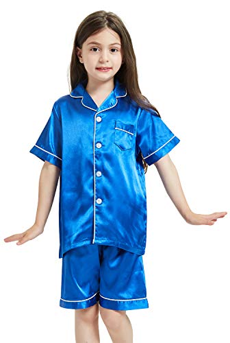Little Girls Boys Pajamas Set Satin Silk Short Sleeves Sleepwear Pjs 2 Piece Button-Down Clasic Loungewear3