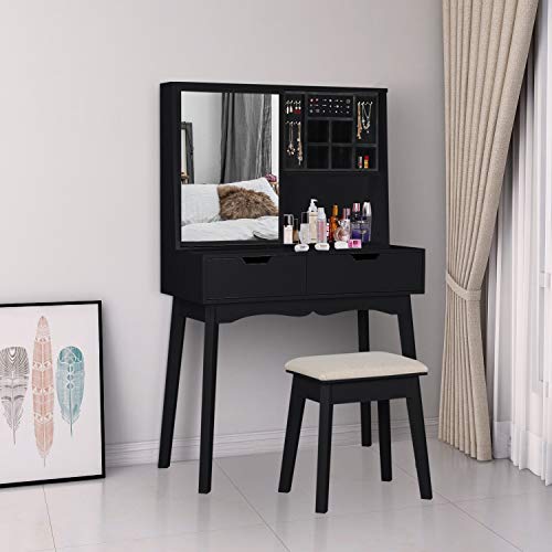 Lynslim Vanity Table Set With Mirror And Makeup Organizer Dressing Table,2 Large Drawers With Sliding Rails,Storage Shelves,Jewelry Box,Cushioned Stool,Makeup Vanity Desk (Black) #TOP2