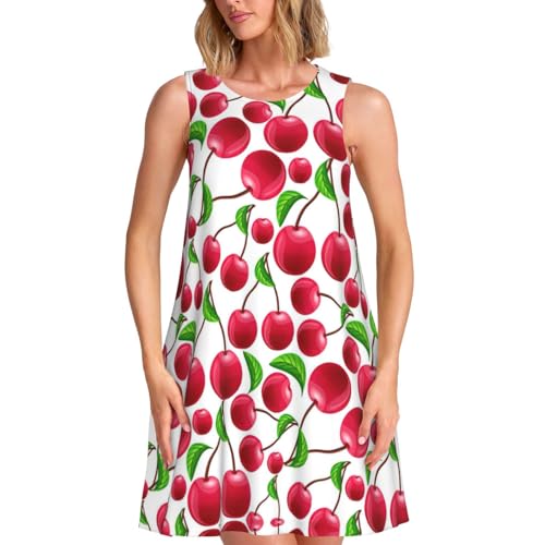 GXUNGT Vestido sin mangas con estampado de cerezas rojas para mujer, perfecto para verano, bodas y fiestas, largo hasta la rodilla con bolsillos, Negro, XXL