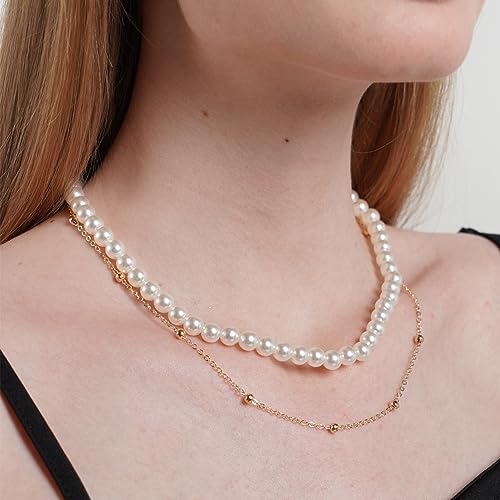 Pearl Necklaces for Women, Gold Pearl Choker Dainty Single Pearl Necklace Layered Daisy Necklace Set Pendant Strands for Bride Bridesmaids, Homecoming Costume Prom Jewelry Wedding Gifts