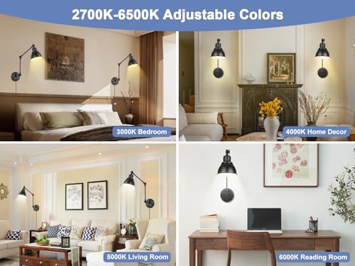 Image of GOODATE 2 Pack Plug in Wall Sconces with Remote, Dimmable, Adjustable Colors, Swing Arm Wall Lamps, Wall Sconces Set of Two with Timer & Night Light, Plug-in or Hardwired (Black, with Bulbs+Remote)