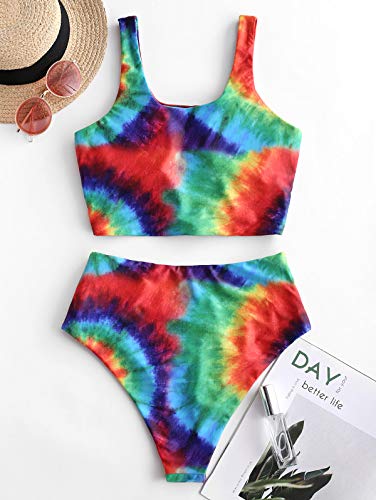 ZAFUL Women's Scoop Neck Knot Ruched Rainbow Tie Dye Two Want It All