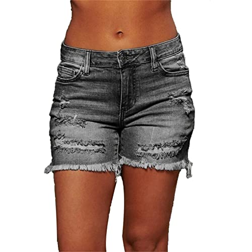JEKE-DG Womens Jean Shorts Retro High Rise Distressed Short with Pockets Casual Fray Hem Stretchy Denim Short Jeans (XX-Large,Dark Grey)