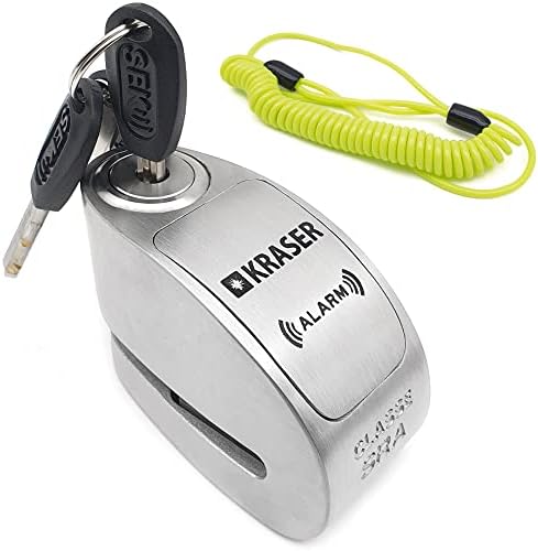 KRASER KR10S High Security Motorcycle Disc Lock Alarm 120dB ON/Off, Approved ø10mm-0.39" Shaft, Stainless Steel, Tested Disc Brake Lock, Heavy Duty Anti-Theft Alarm Lock for Motorcycles CR2 Battery