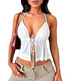 Women's Y2K Cute Summer Leopard Print Halter Top Sexy Tie Front Backless Ruffle Beach Crop Going Out Tops for Women