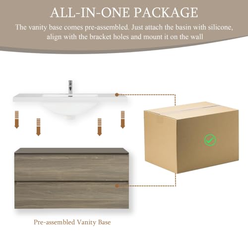 Image of KEIKI 42'' Wall-Mounted Bathroom Vanity with Sink - Floating Design, 2 Soft-Close Drawers & Resin Basin, Space-Saving for Small Bathrooms, Ash Grey