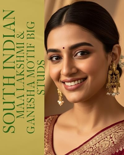 Image of Mansiyaorange Matte Gold South Indian Maa Lakshmi & Ganesha Motif Kundan Pearl Stone Stud Earrings