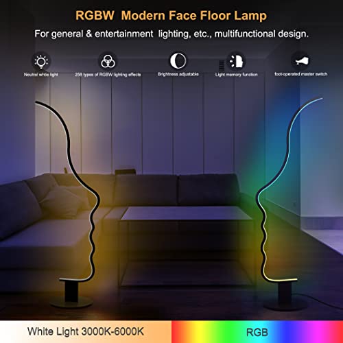 Rgbw Modern Face Floor Lamp For Bedroom Living Room, 55.5 Inches High Unique Standing Reading Dimmable Black Led Floor Lamp With Remote, Cool Ambient Lighting Changing Curved Floor Lamp #TOP2