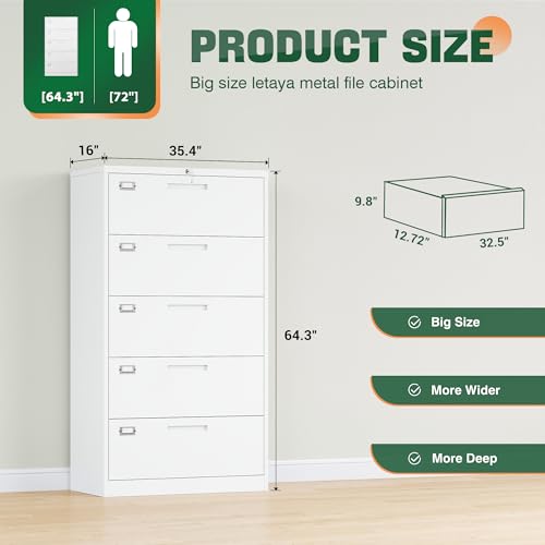 Image of Letaya Lateral 5 Drawer File Cabinet with Lock,Metal Wide White Filing Cabinets for Home Office Storage A4 /F4 /Letter /Legal(Assembly Required)