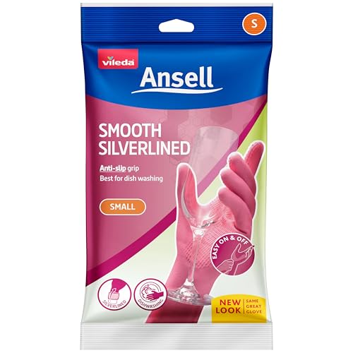 Vileda Ansell Smooth Silverlined Gloves | 1 Pair | Size, Small | Durable latex waterproof material for dishwashing & cleaning | Protects hand & skin | Textured grip & anti-slip | Tear resistant