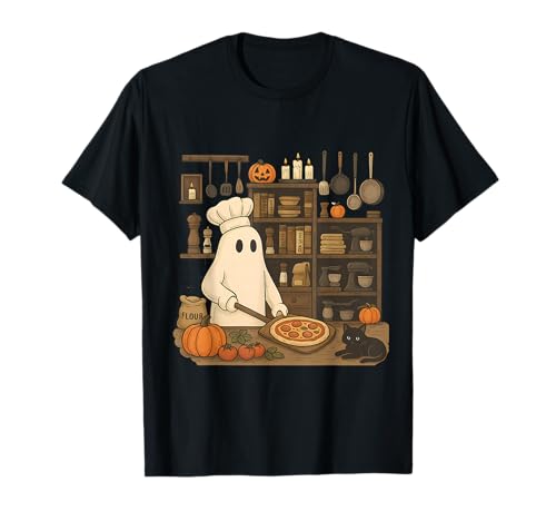 Ghost Baking Pizza Halloween Chef Baker Foodie Pizza Lover T-Shirt
